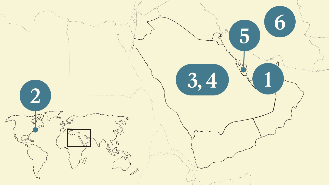 A numbered map of the Gulf region.