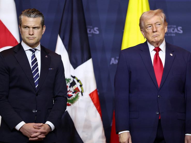 Secretary of Defense Pete Hegseth and President Donald Trump attend the “Shield of the Americas” Summit in Miami, Florida.