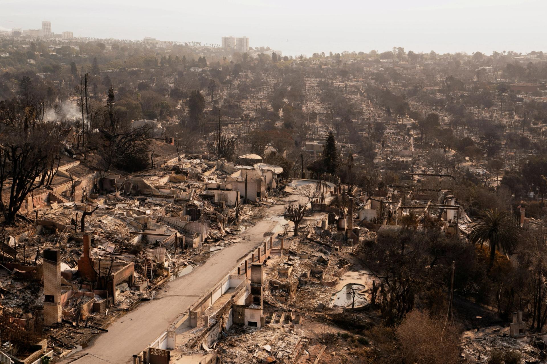 The remains of homes destroyed by the Palisades Fire.