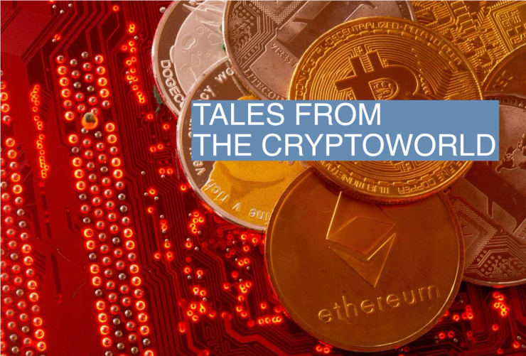 Representations of cryptocurrencies are placed on PC motherboard