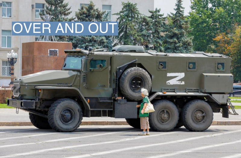 An armoured truck of pro-Russian troops is parked near Ukraine’s former regional council’s building during Ukraine-Russia conflict in the Russia-controlled city of Kherson, Ukraine