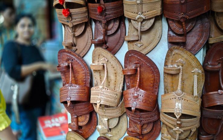 Kolhapuri chappals on display in India
