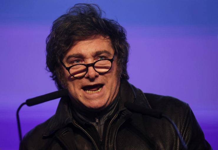 Argentina’s President Javier Milei delivers a speech.