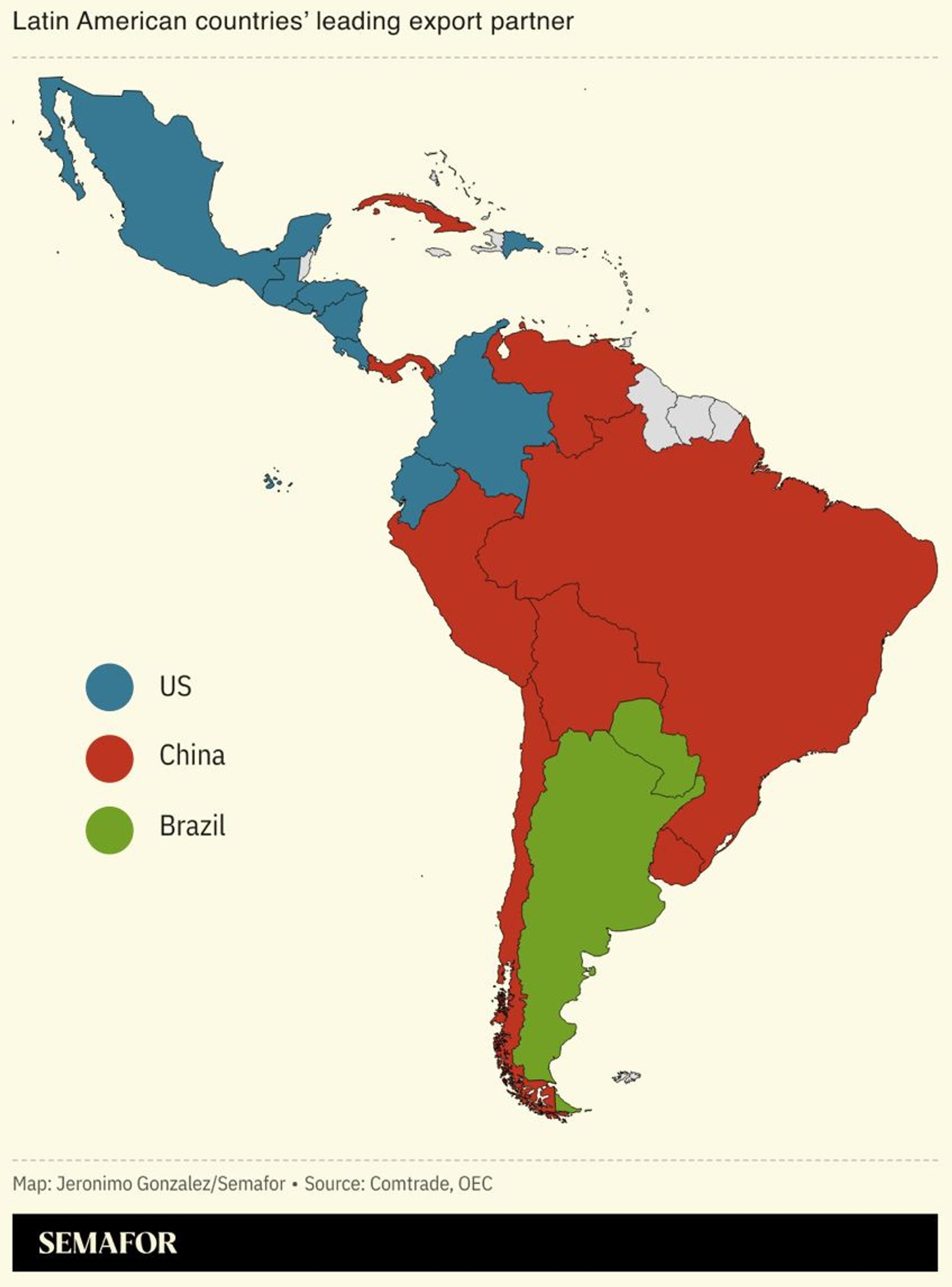 A map showing the leading export partner per Latin American country.