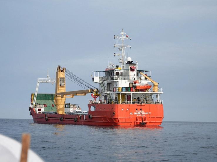 A vessel at the Strait of Hormuz, off the coast of Oman’s Musandam province, April 12, 2026.