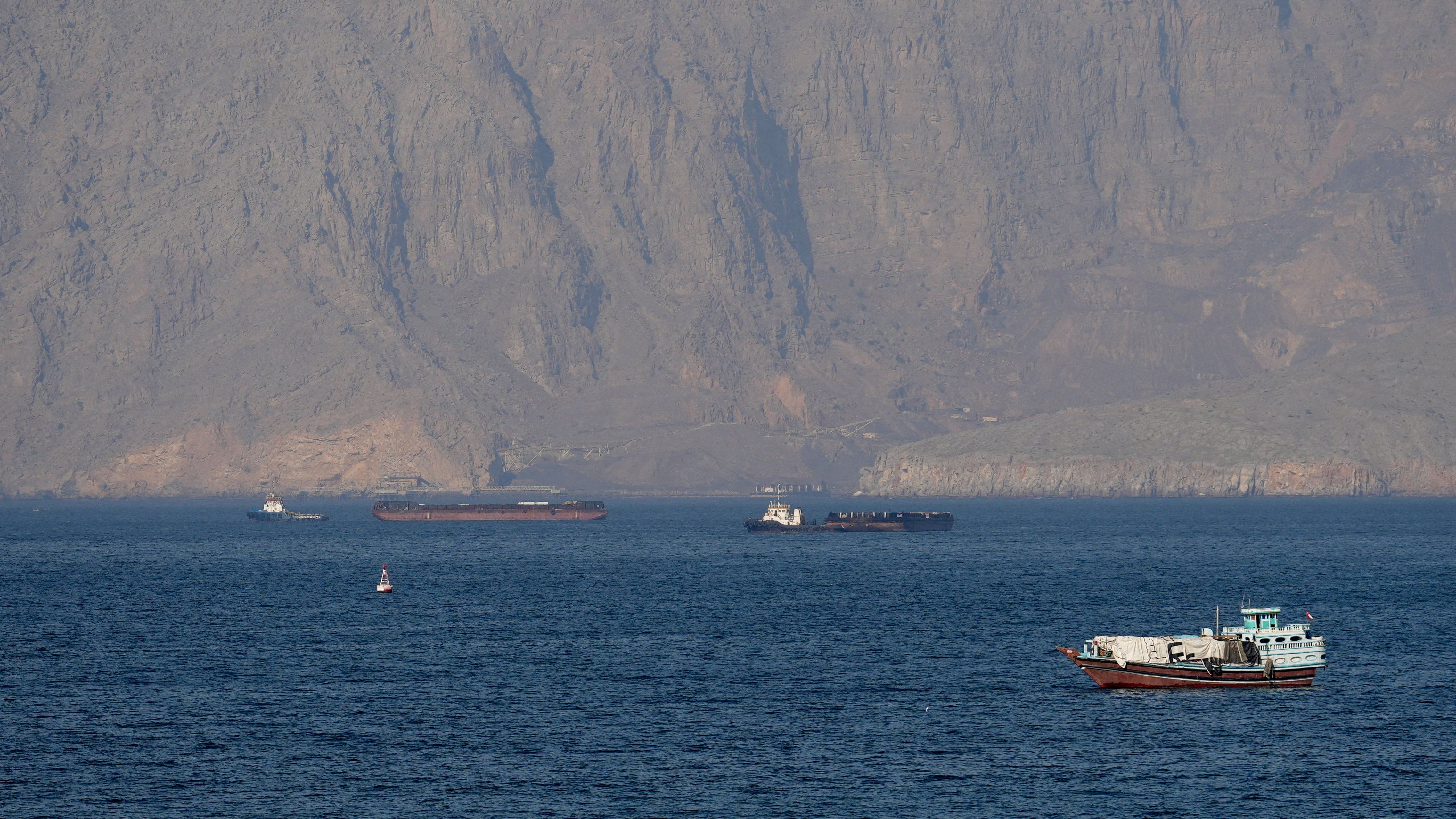 Tankers and other vessels in the Strait of Hormuz off the coast of Musandam.