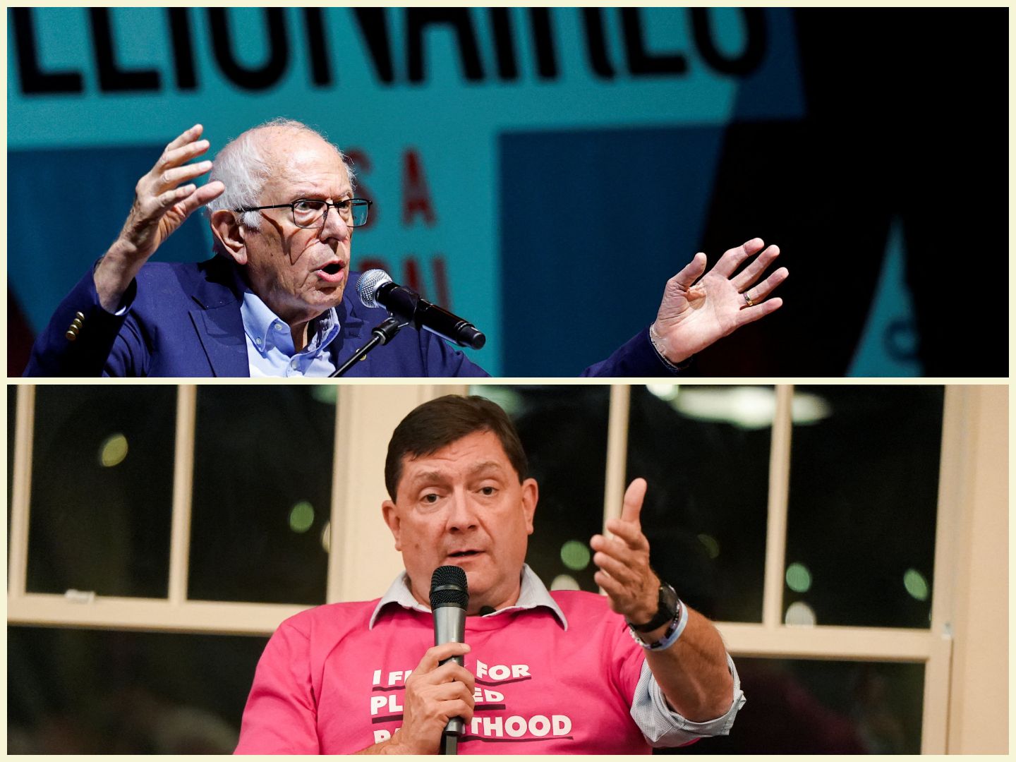 Collage showing Sen. Bernie Sanders and Dem. nominee Troy Jackson