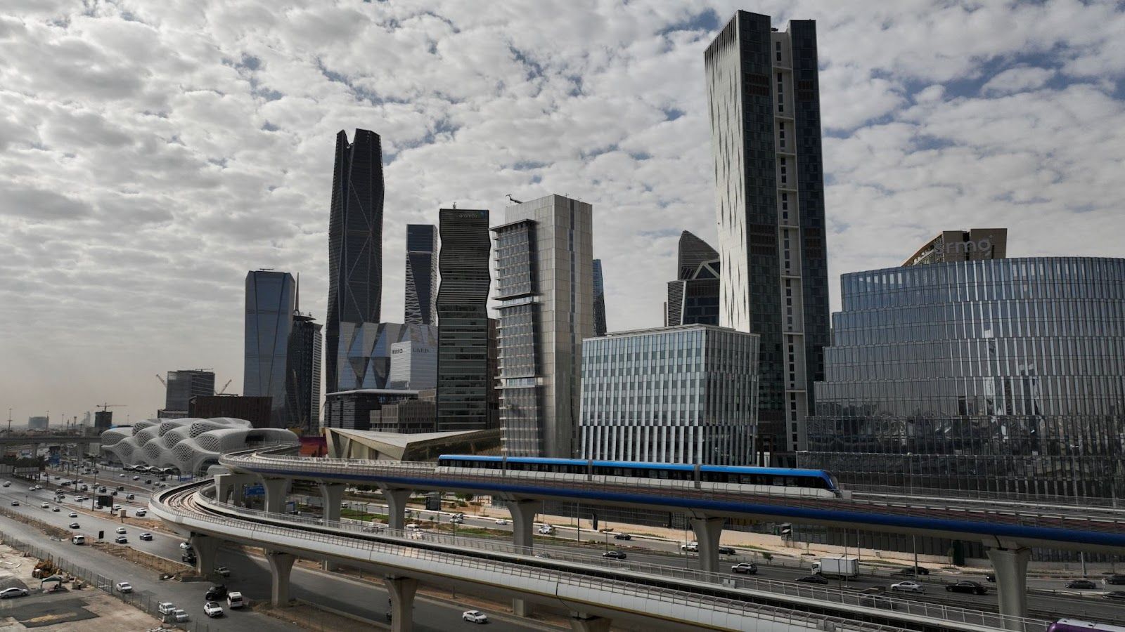 A train leaves the King Abdullah Financial District Metro Station in Riyadh