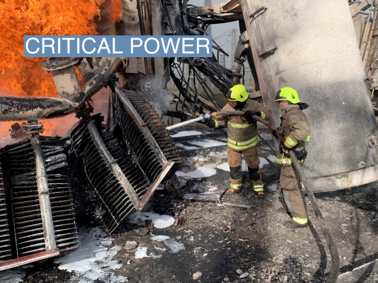 Firefighters work to put out a fire at energy infrastructure facilities, damaged by a Russian missile strike, as Russia’s attack on Ukraine continues, in Rivne region, Ukraine October 22, 2022.