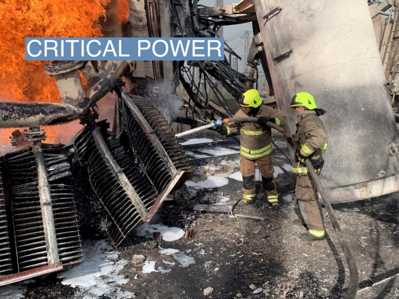 Firefighters work to put out a fire at energy infrastructure facilities, damaged by a Russian missile strike, as Russia’s attack on Ukraine continues, in Rivne region, Ukraine October 22, 2022.