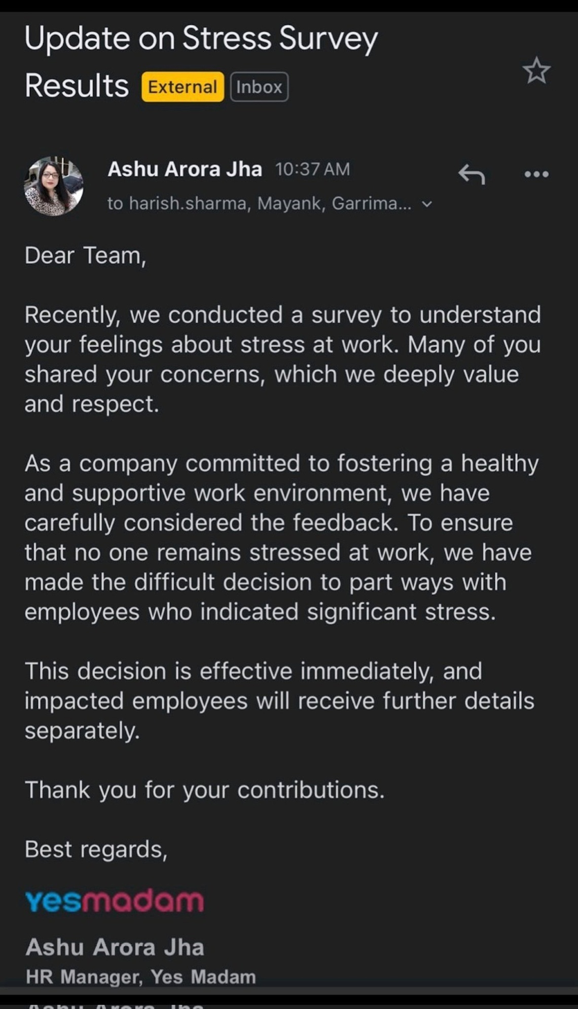 A screenshot of an email from Indian salon company Yes Madam notifying employees who expressed feeling stressed at work that they were being laid off.
