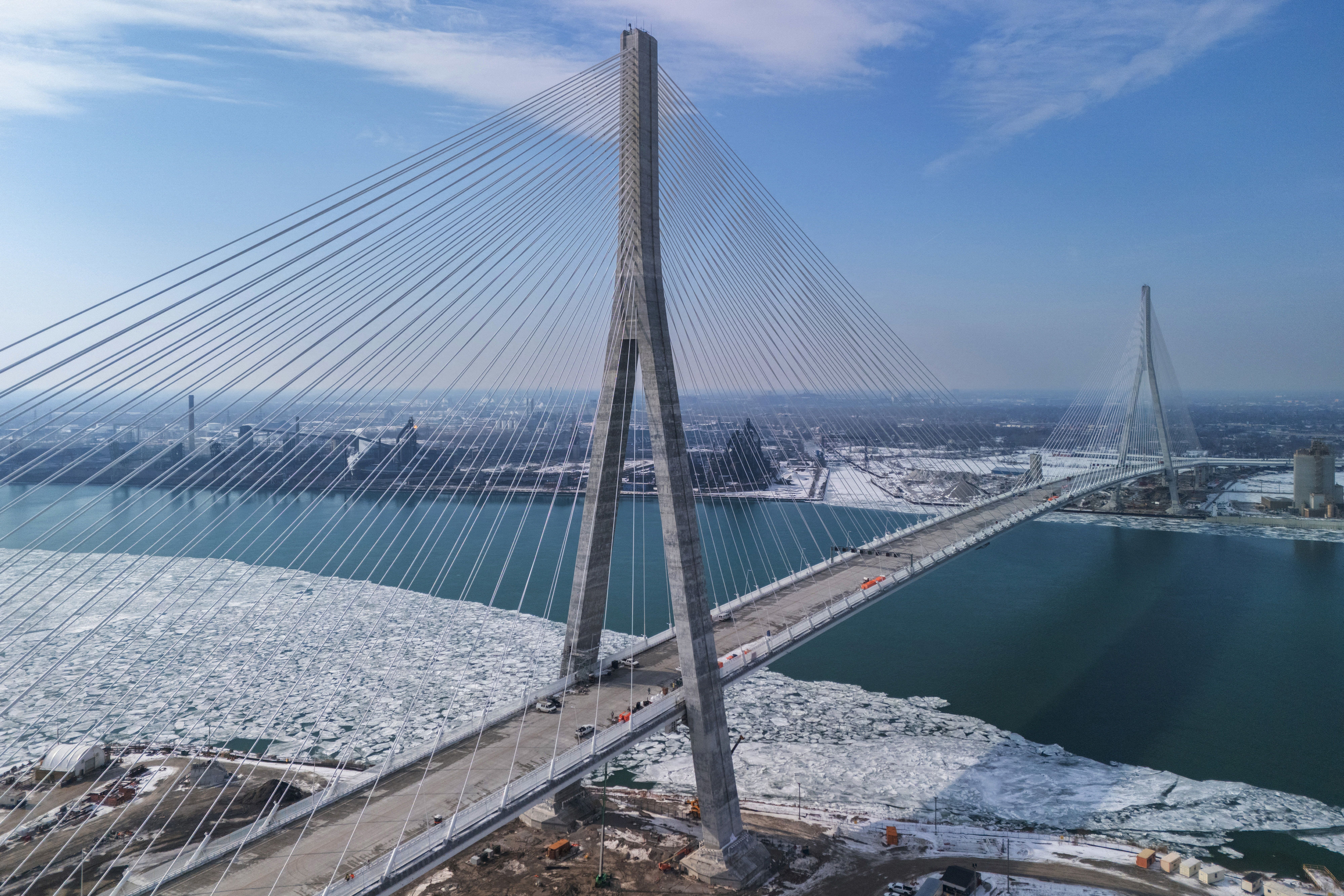 The Gordie Howe International Bridge, under construction to link Detroit, Michigan, with Windsor, Ontario.