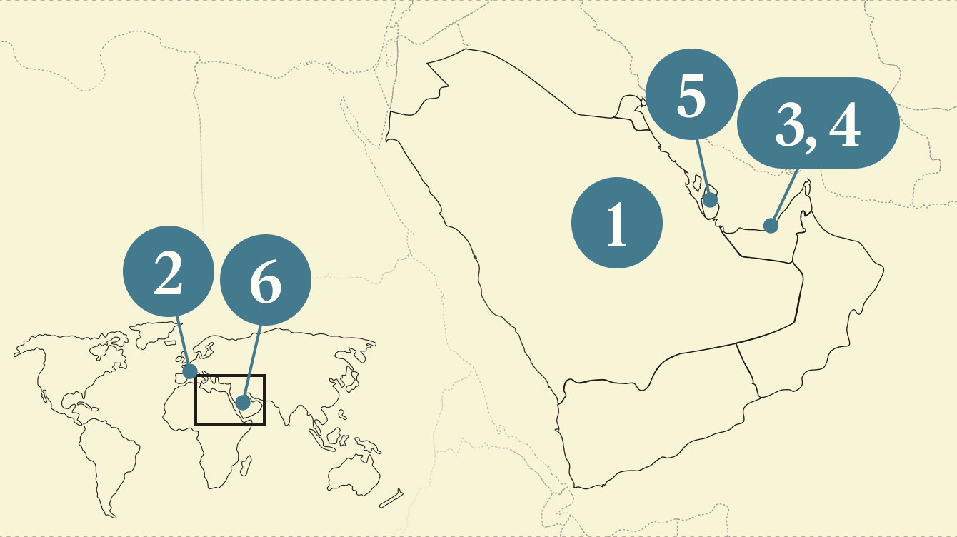 A numbered map of the Gulf.
