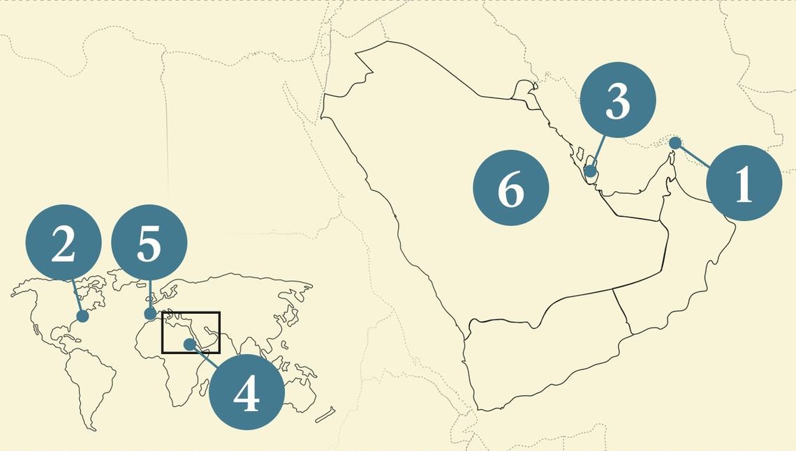 A numbered map of the Gulf region.