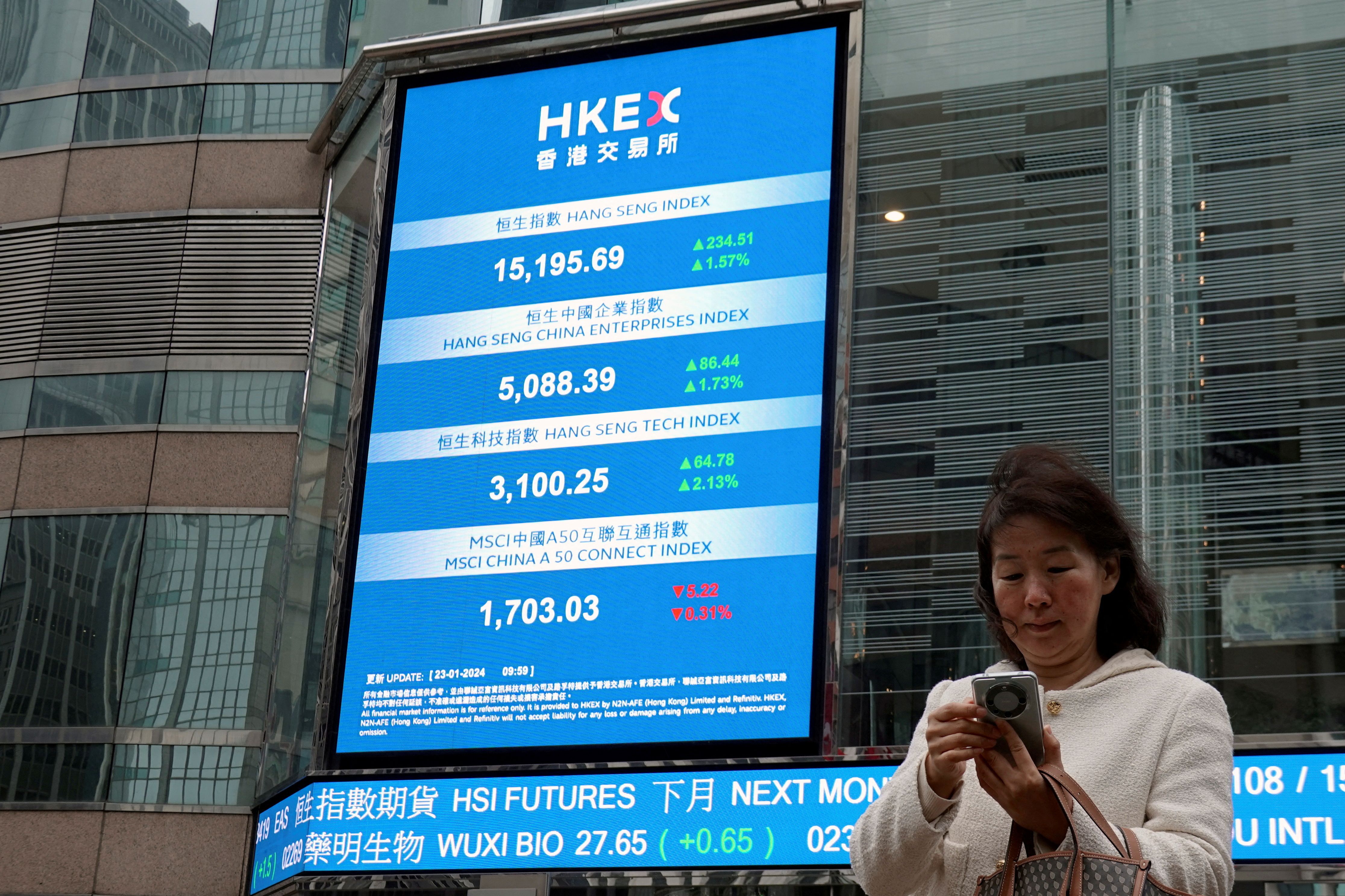 FILE PHOTO: A woman checks her mobile phone near screens displaying the Hang Seng stock index and stock prices outside the Exchange Square in Hong Kong, China January 23, 2024. REUTERS/Joyce Zhou/File Photo