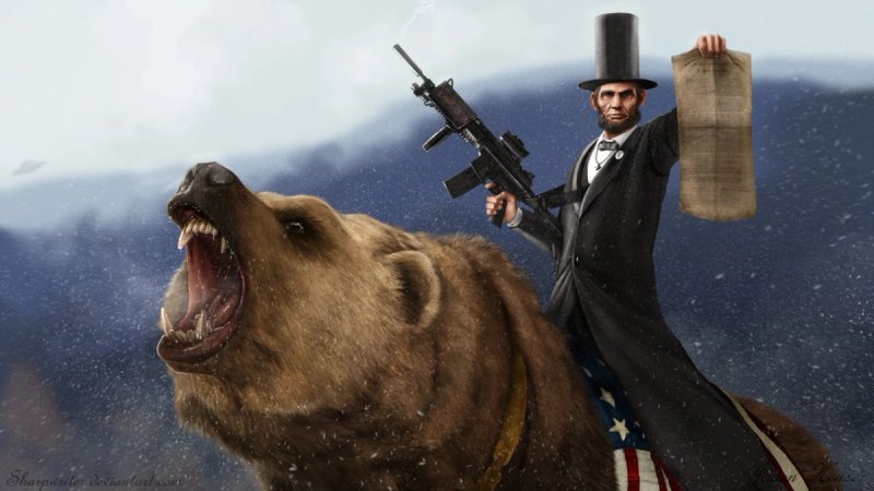 Abraham Lincoln rides a grizzly bear.