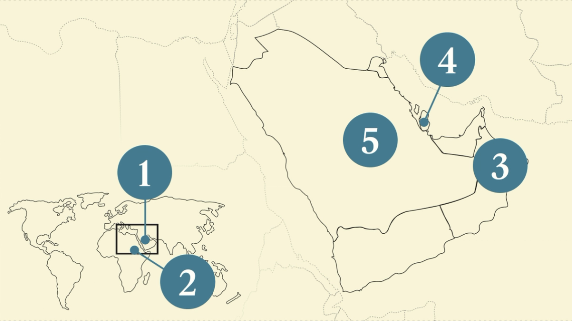 A numbered map of the Gulf region.
