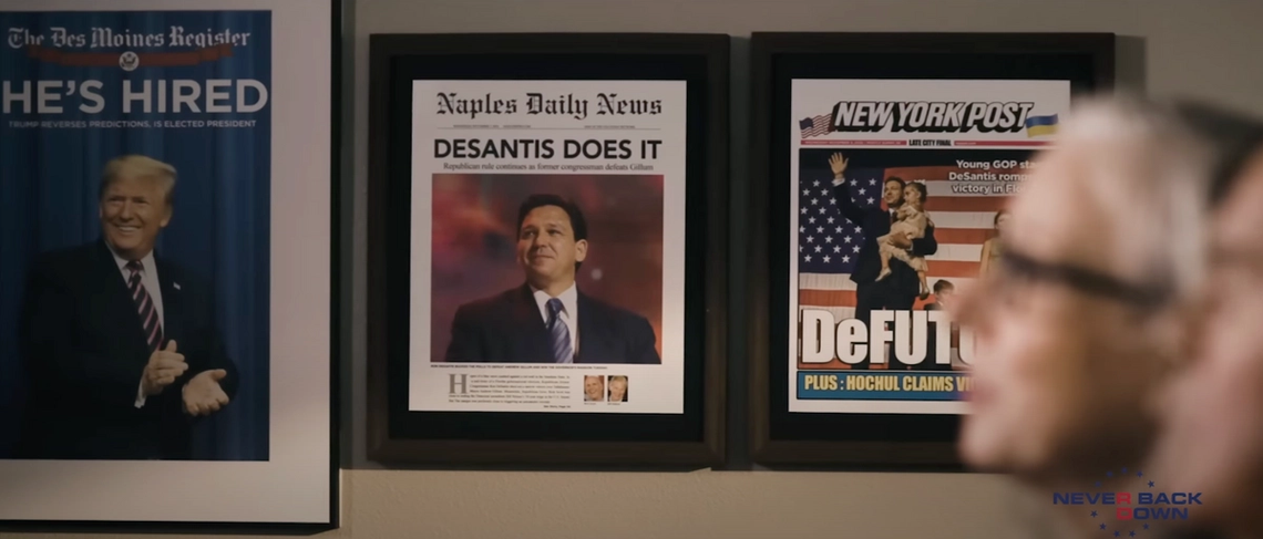 A screengrab from an ad by pro-DeSantis super PAC Never Back Down.