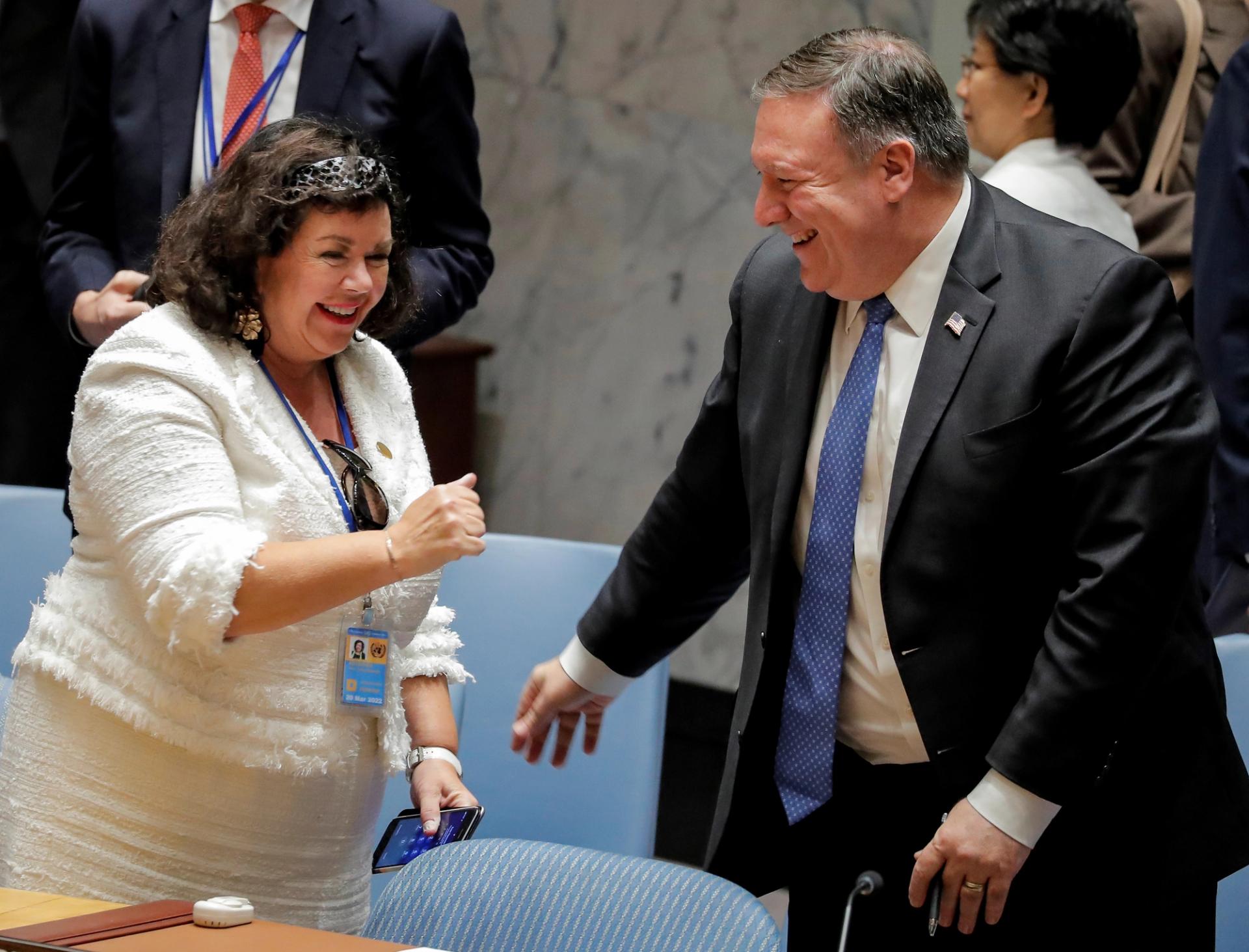 US Secretary of State Mike Pompeo greets Britain’s Ambassador to the United Nations, Karen Pierce following a meeting of the United Nations Security Council in 2018