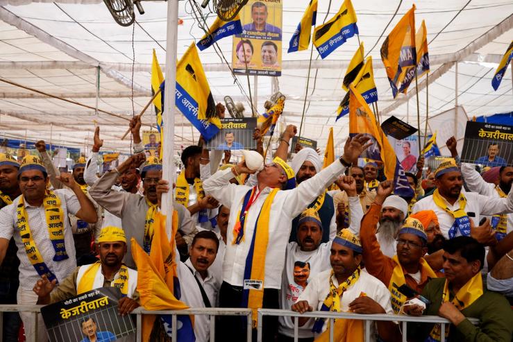 Supporters of India’s Aam Aadmi Party attend a protest rally against the arrest of the party’s main leader Arvind Kejriwal in New Delhi, March 31, 2024.