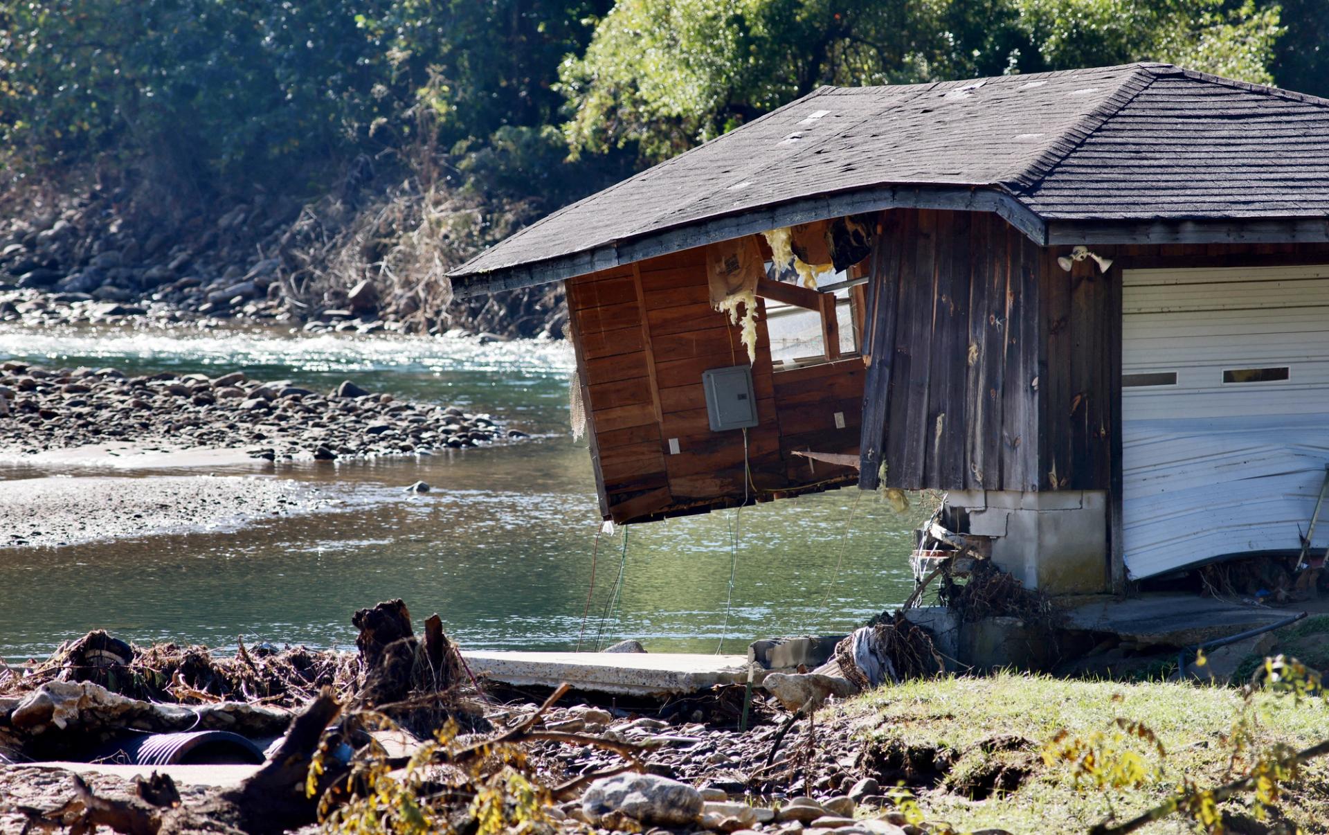 An image showing a destroyed building as a result of Hurricane Helene