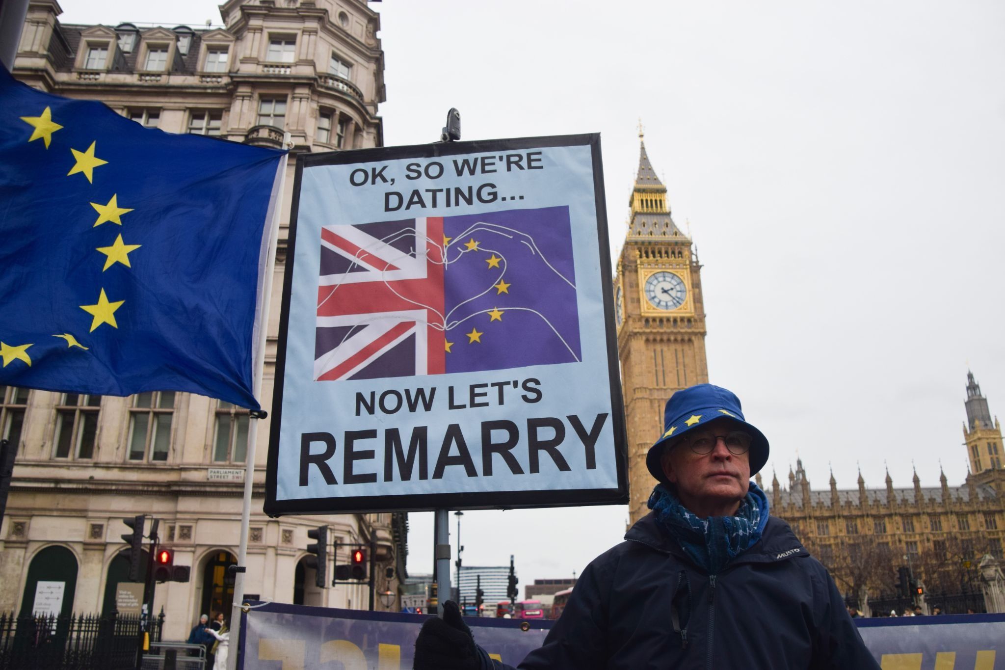An activist holds a pro-EU placard during the weekly pro-EU and anti-Brexit protest in Parliament Square. The government has announced that the UK will rejoin the European Union’s Erasmus student exchange program as the UK seeks closer ties with the EU
