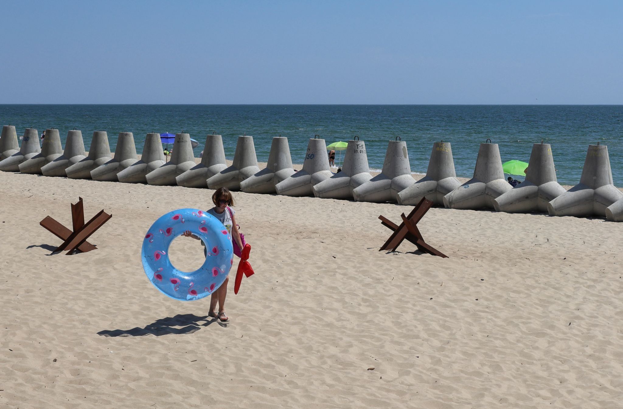 Barriers to prevent Russian ships landing at a beach in Ukraine. 