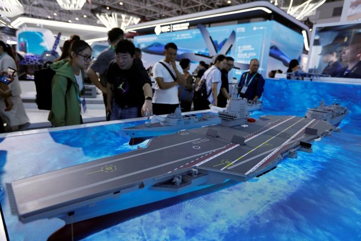 A model of The Fujian aircraft carrier at an airshow in China.