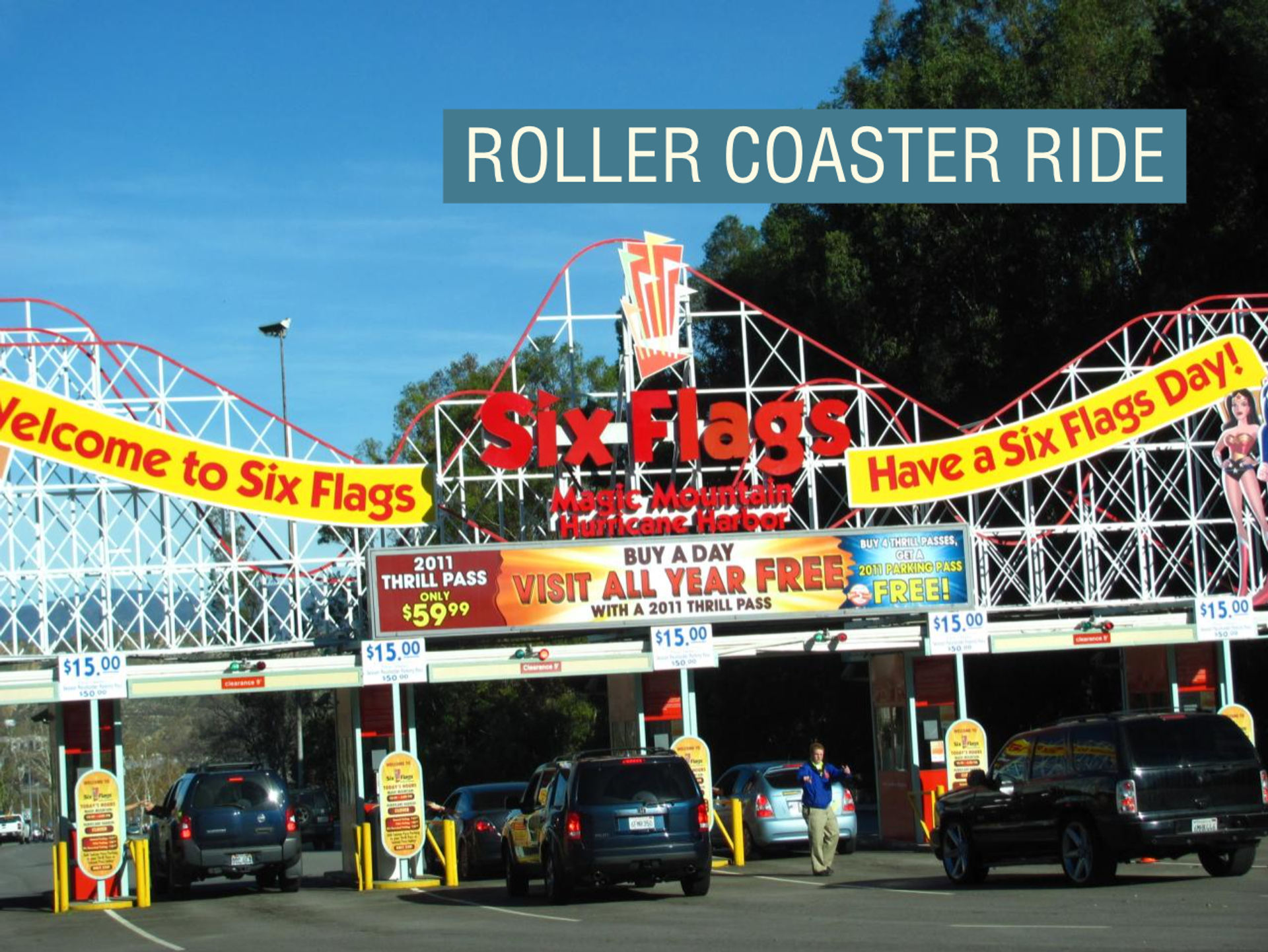 Six Flags signage.