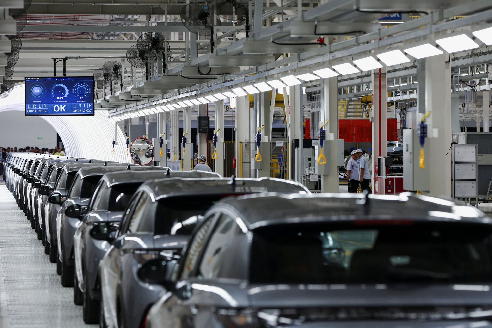 EV cars inside a BYD production facility.