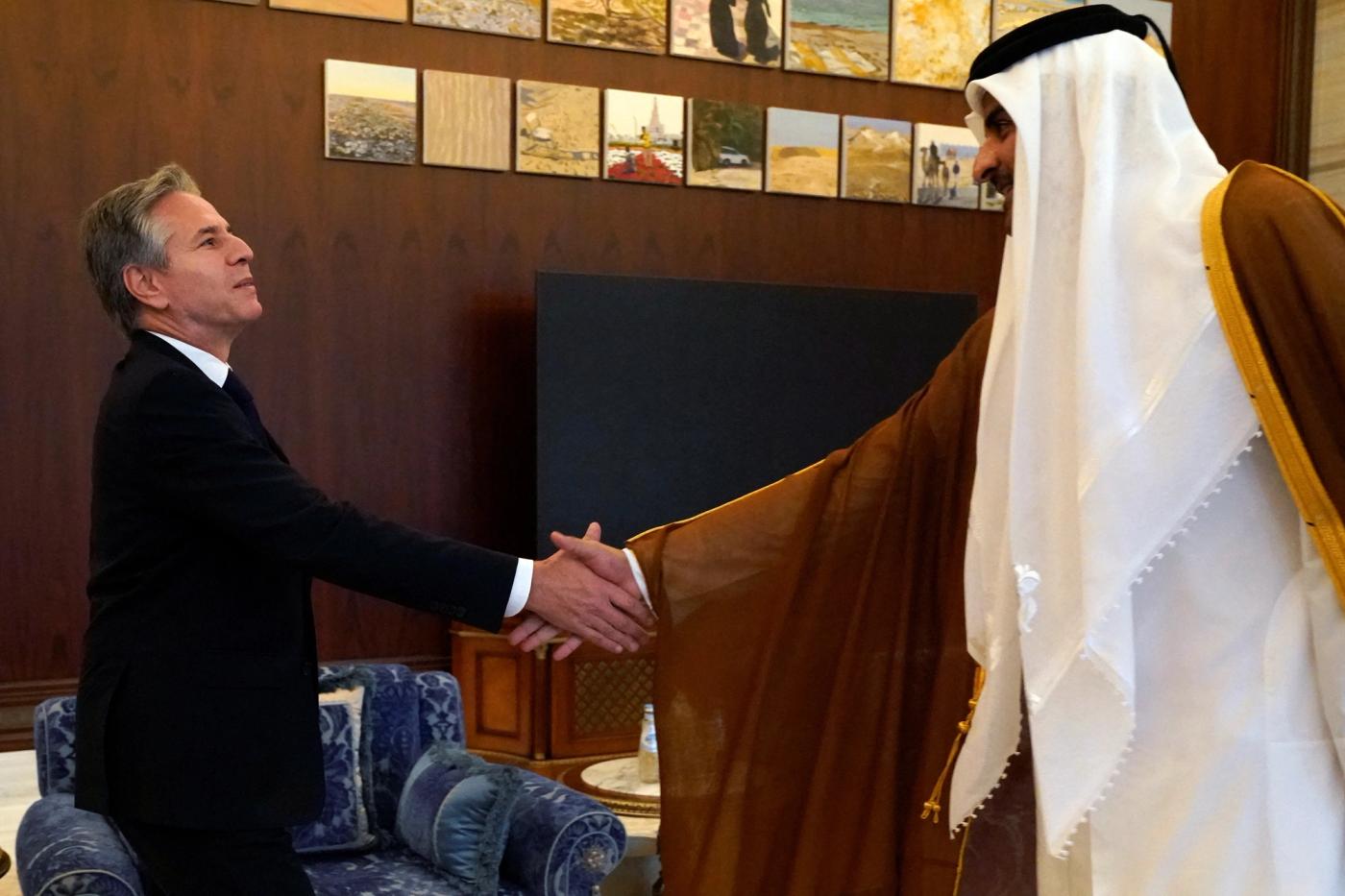 U.S. Secretary of State Antony Blinken meets Qatari Emir Sheikh Tamim bin Hamad Al Thani in Lusail, Qatar, on Friday Oct. 13, 2023.