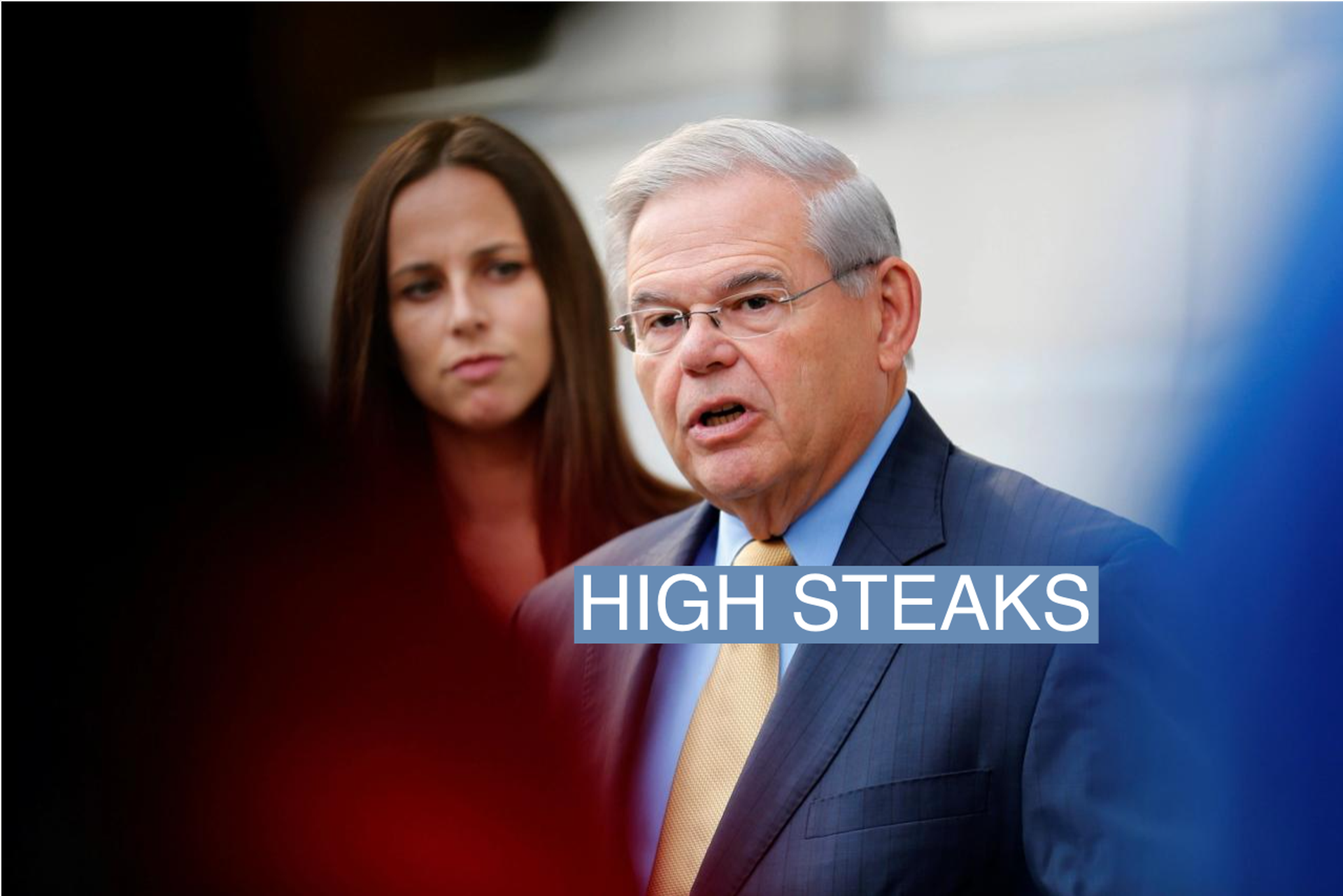 Senator Bob Menendez speaks to journalists after arriving to face trial for federal corruption charges as his daughter Alicia Menendez (L) looks on outside United States District Court for the District of New Jersey in Newark, New Jersey, U.S., September 6, 2017. 