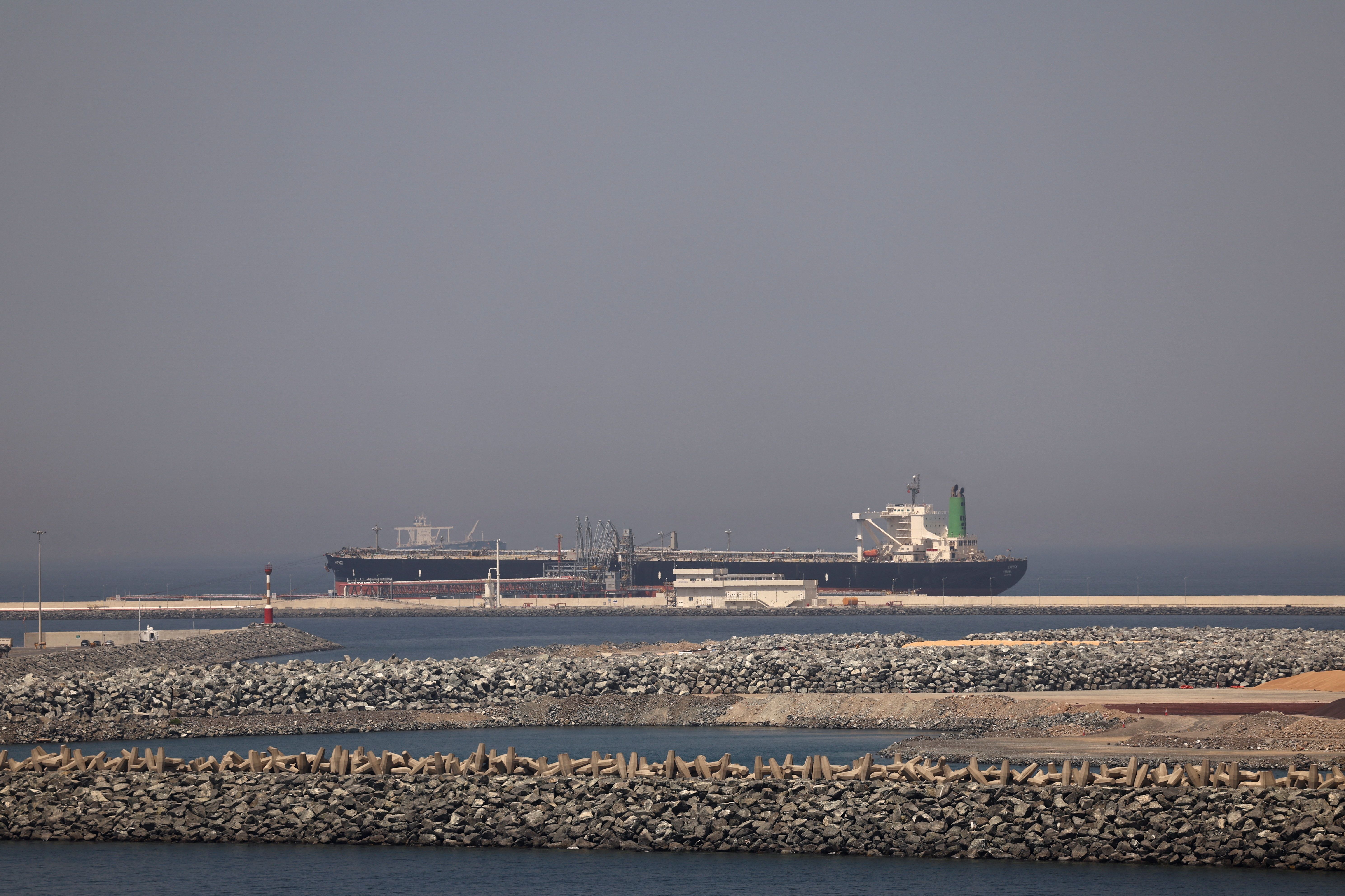 A cargo ship docked at the Port of Fujairah