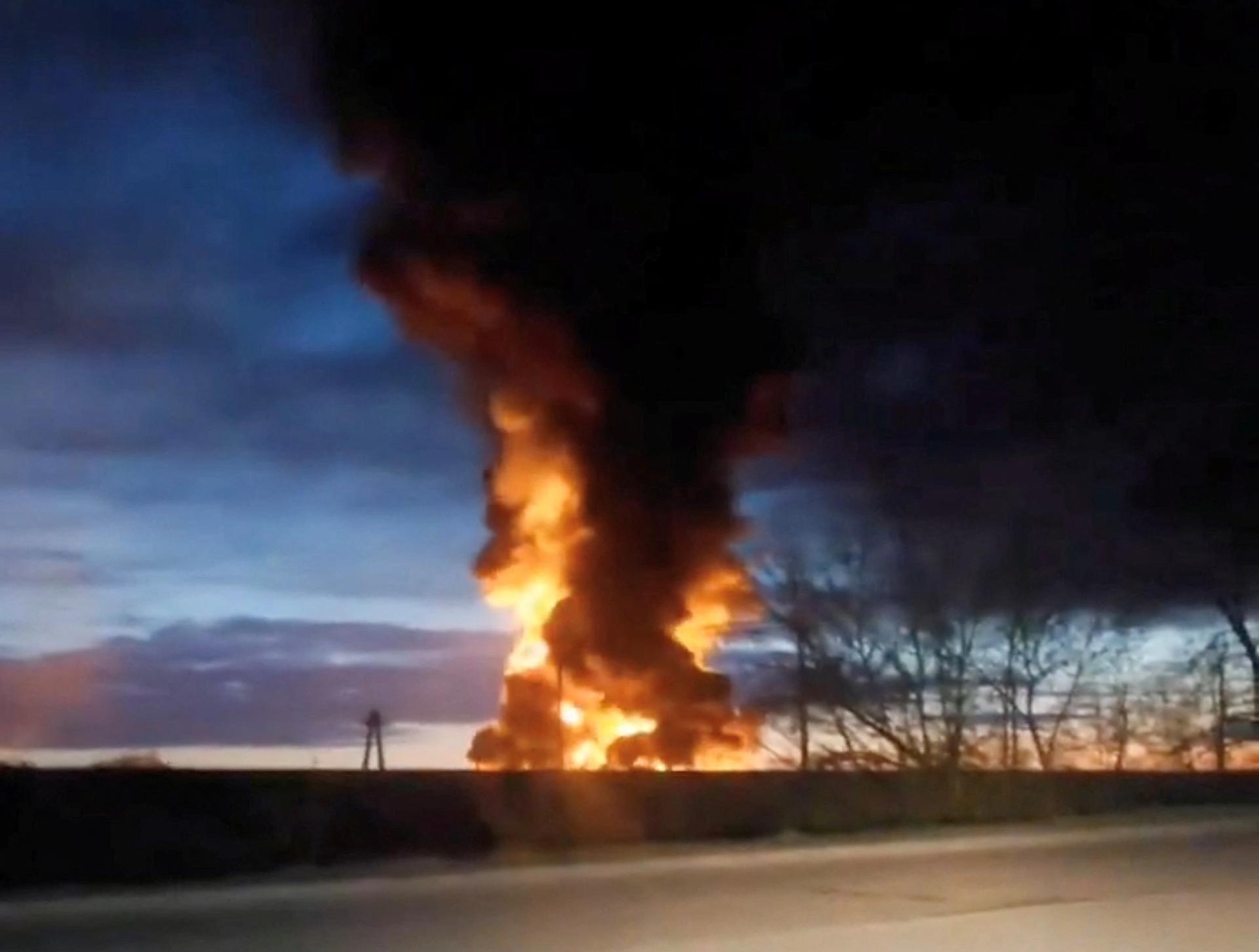A fire at an energy facility after a Ukrainian drone attack in Yartsevo, Russia.
