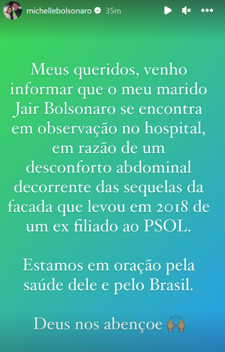 Screenshot of Michelle Bolsonaro’s Instagram story confirming her husband’s hospitalization