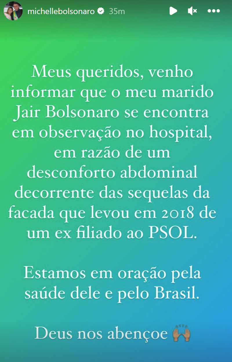 Screenshot of Michelle Bolsonaro's Instagram story confirming her husband's hospitalization