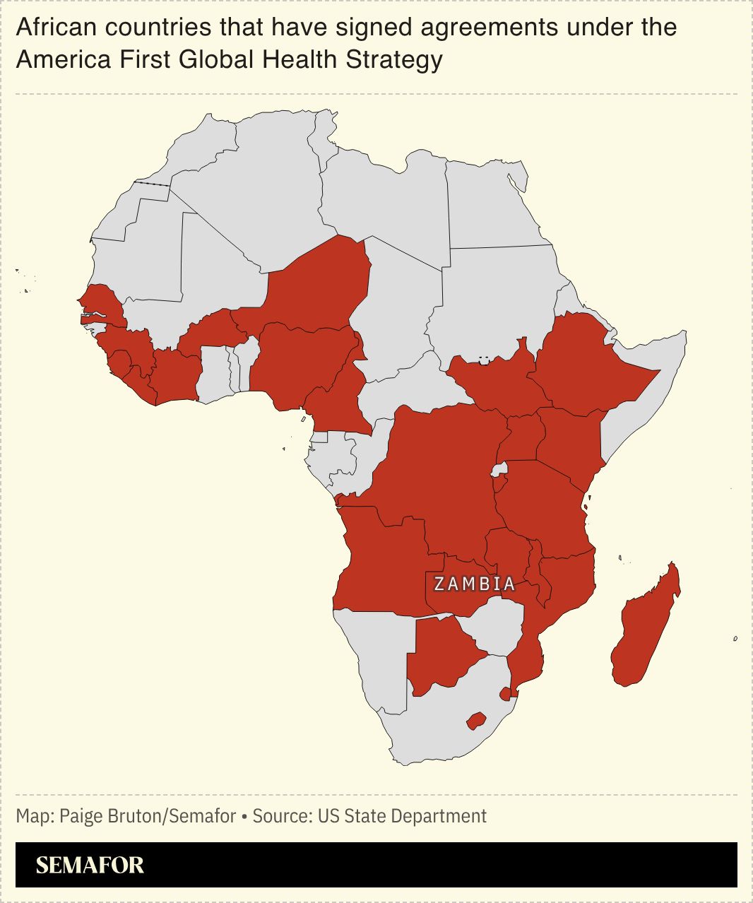 A map showing the African countries that have signed agreements under the American First Global Health Strategy.