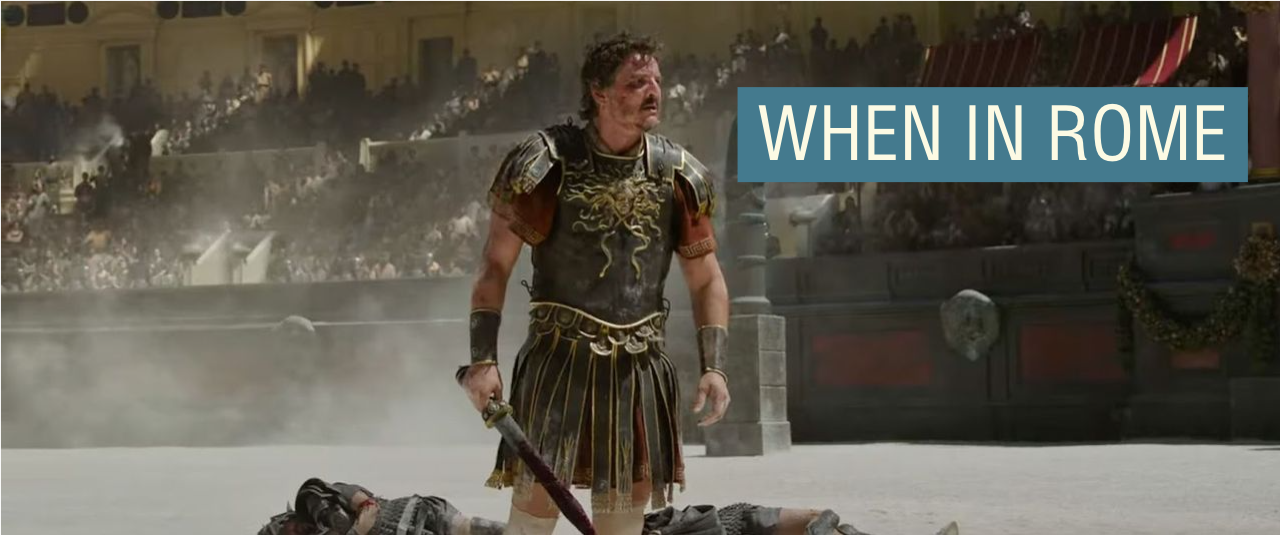 Screenshot from the Gladiator trailer, the main character in armor and holding a sword. 