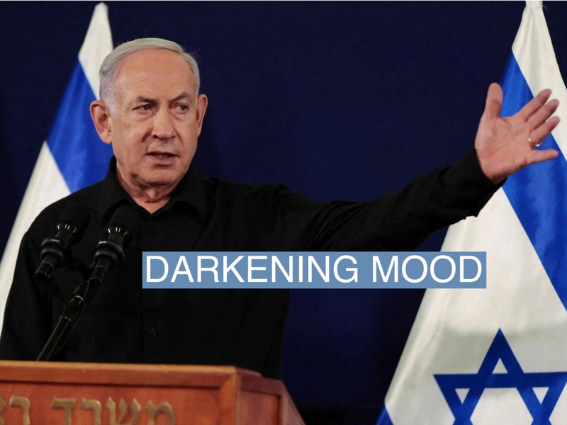 Israeli prime minister Benjamin Netanyahu during a press conference with defense minister Yoav Gallant and Cabinet minister Benny Gantz in the Kirya military base in Tel Aviv , Israel , 28 October 2023. ABIR SULTAN POOL/Pool via REUTERS
