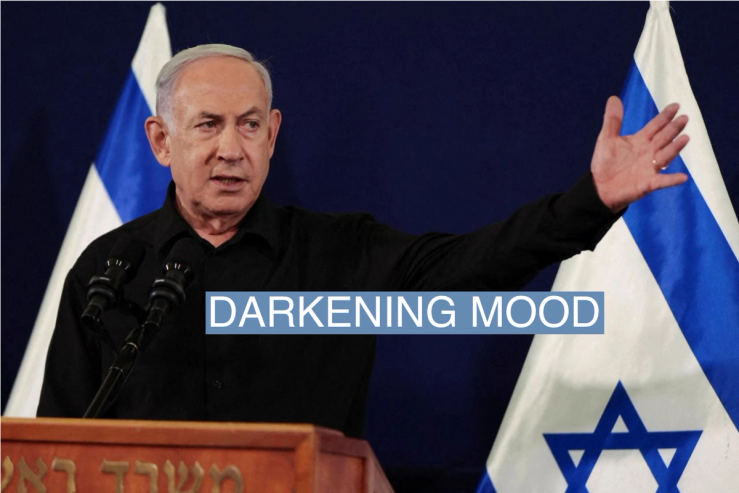 Israeli prime minister Benjamin Netanyahu during a press conference with defense minister Yoav Gallant and Cabinet minister Benny Gantz in the Kirya military base in Tel Aviv , Israel , 28 October 2023. ABIR SULTAN POOL/Pool via REUTERS