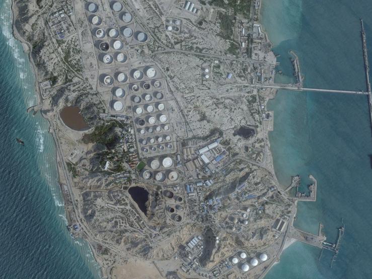 A satellite image shows Kharg Island, Iran’s main oil export terminal.