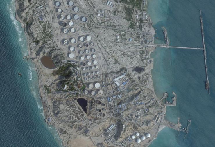 A satellite image shows Kharg Island, Iran’s main oil export terminal.