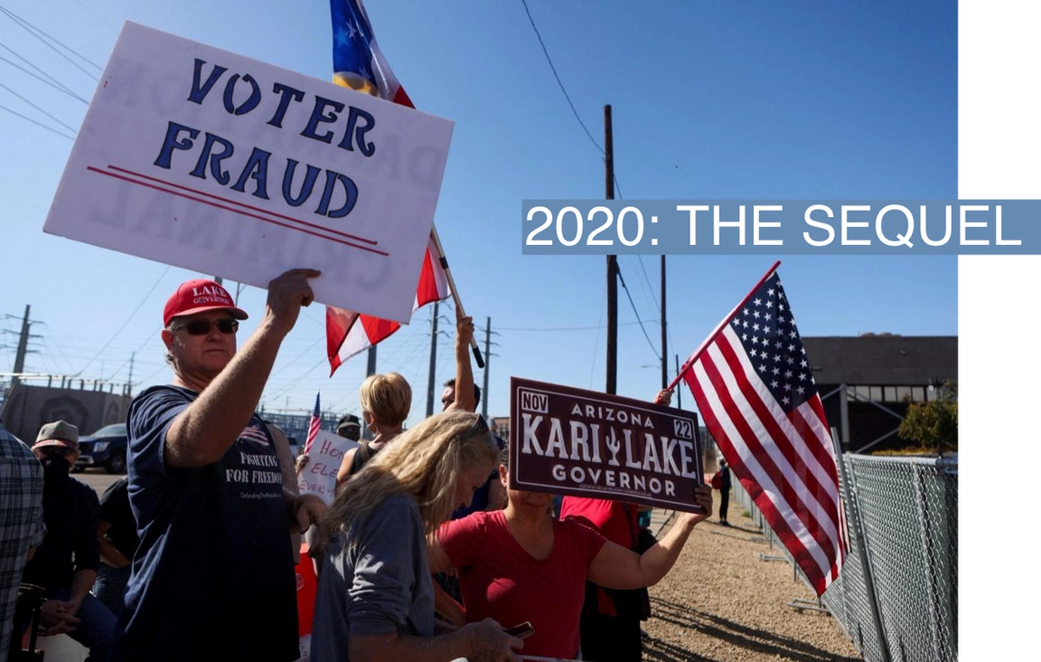  Supporters of Republican candidate for Arizona Governor Kari Lake and Republican U.S. Senate candidate Blake Masters protest outside the Maricopa County Tabulation and Election Center. November 28, 2022.