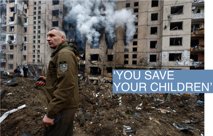 Kyiv Mayor Vitali Klitschko visits the site of a residential building heavily damaged during a Russian missile attack, amid Russia’s attack on Ukraine, in Kyiv, Ukraine January 2, 2024. REUTERS/Valentyn Ogirenko