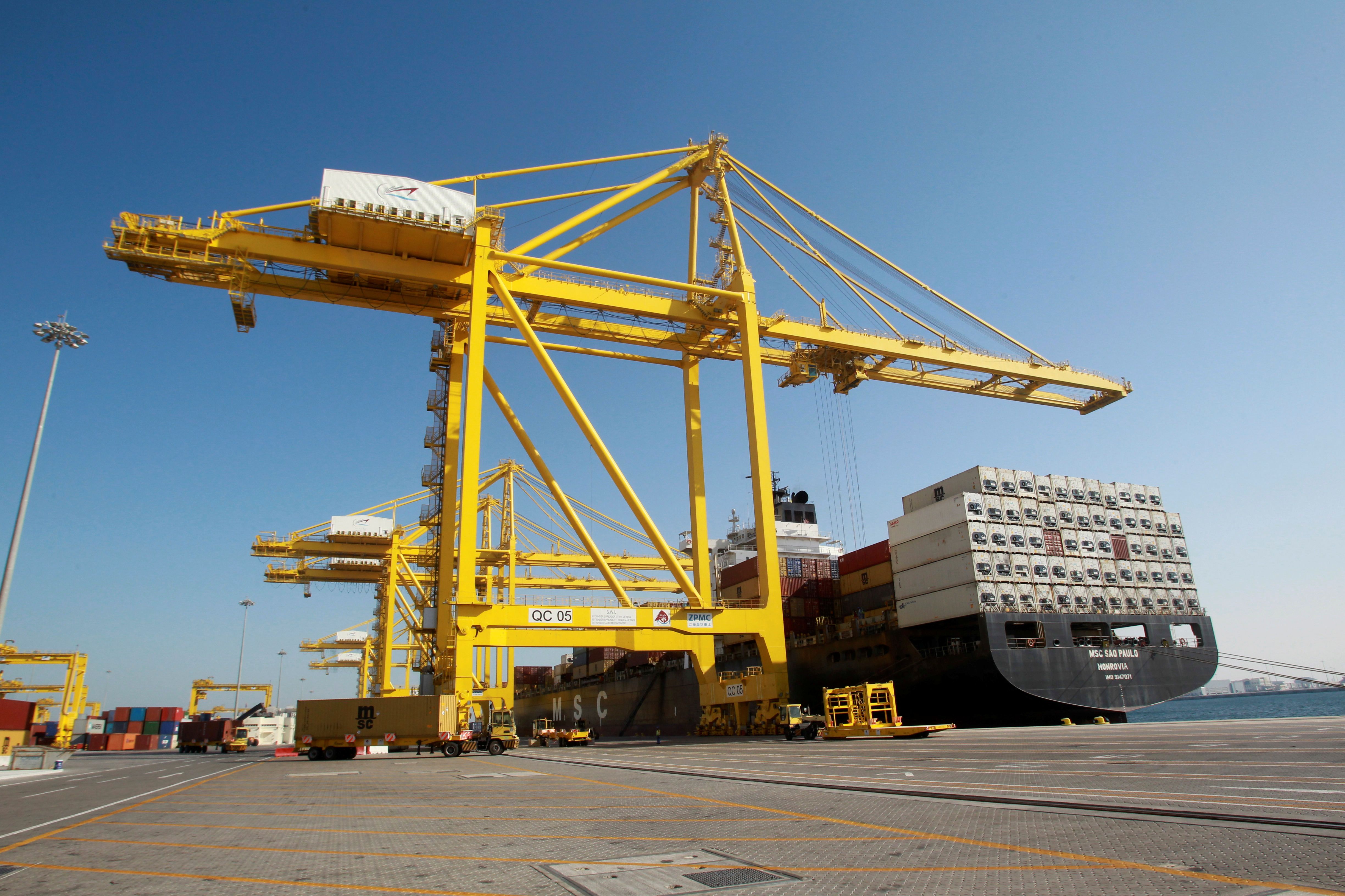 A ship decks at Hamad port in Doha, Qatar.