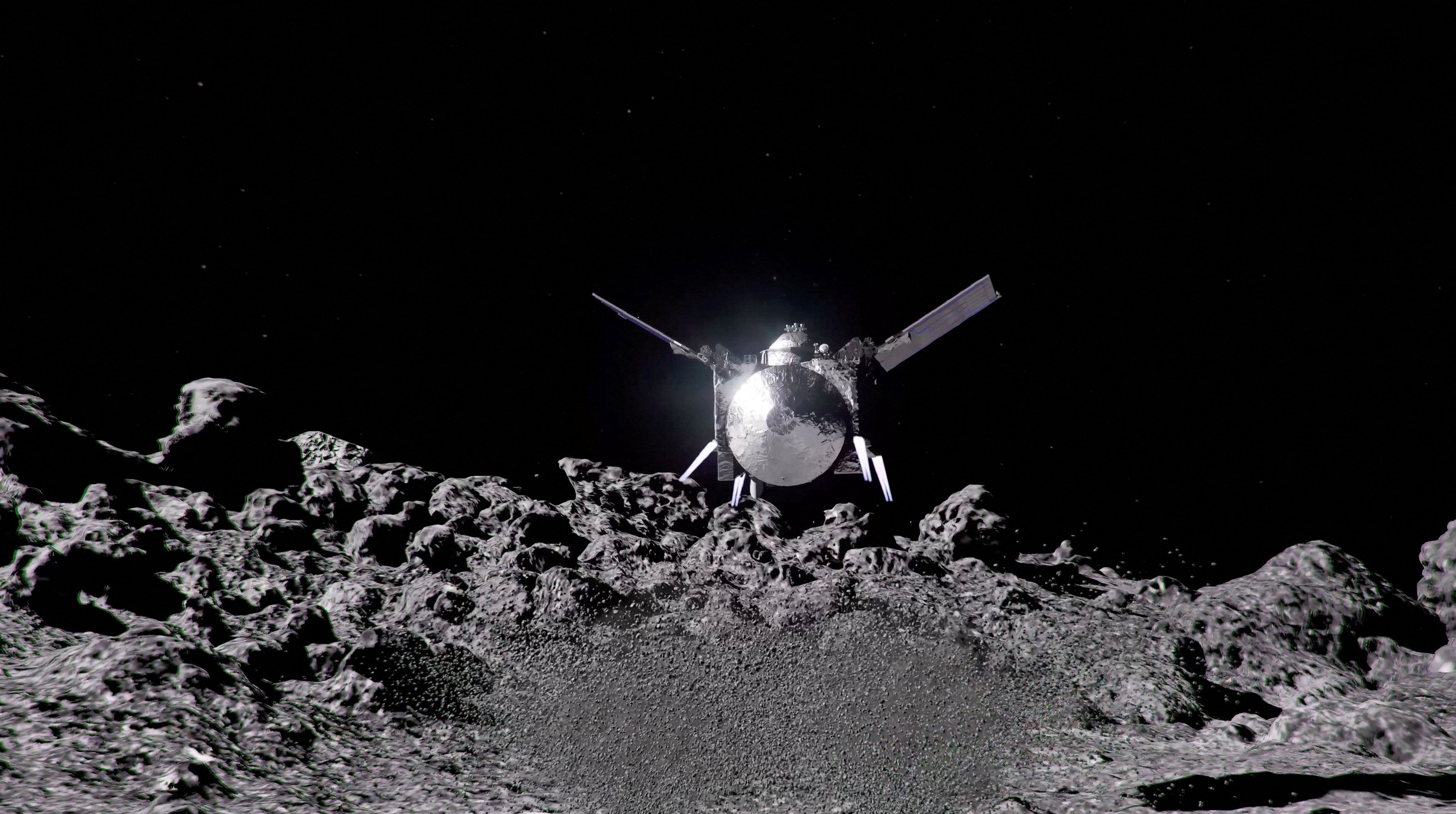 The NASA spacecraft OSIRIS-APEX hovers over the surface of the near-Earth asteroid Apophis