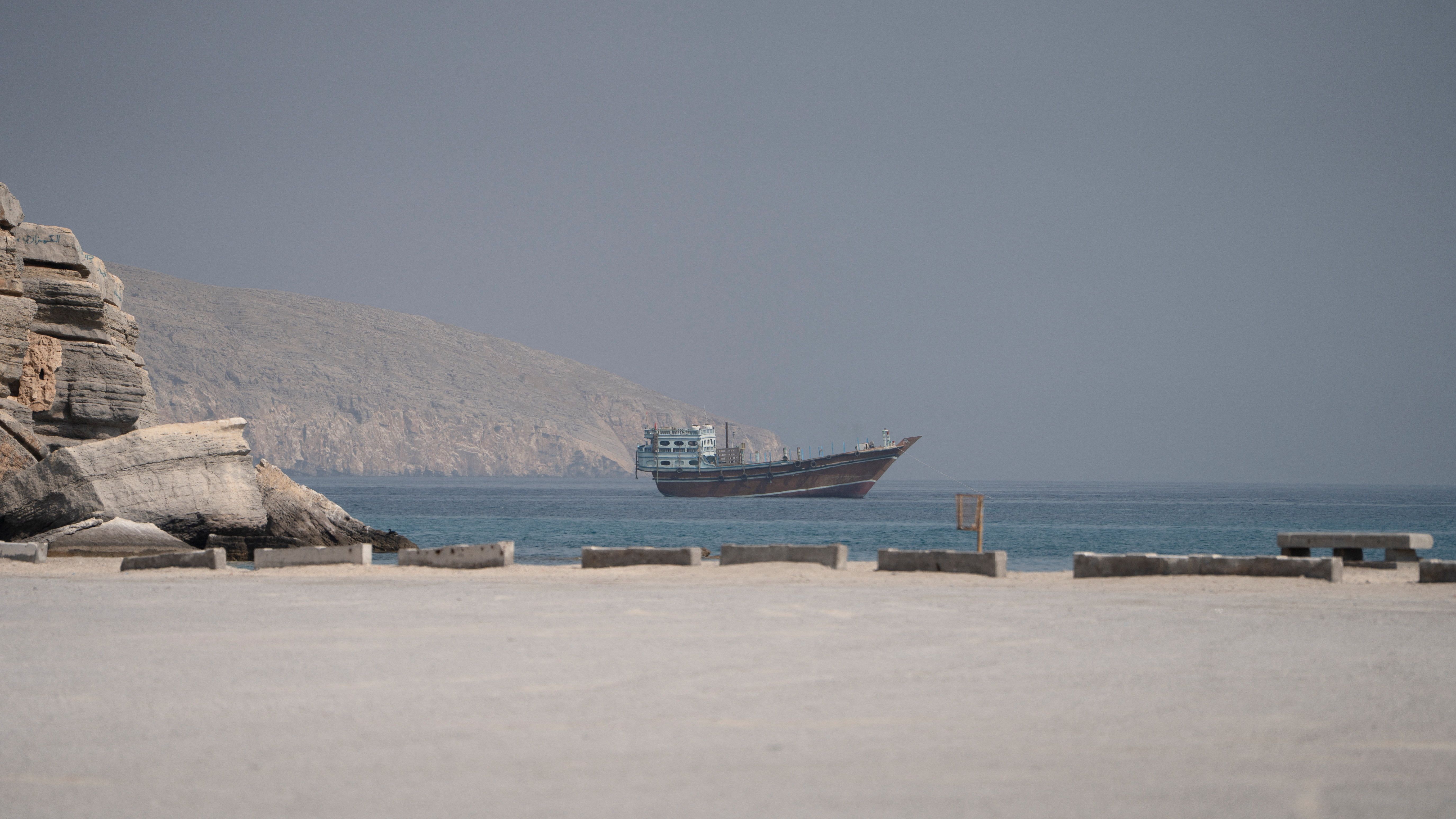 A vessel near the Strait of Hormuz, as seen from Musandam, Oman.