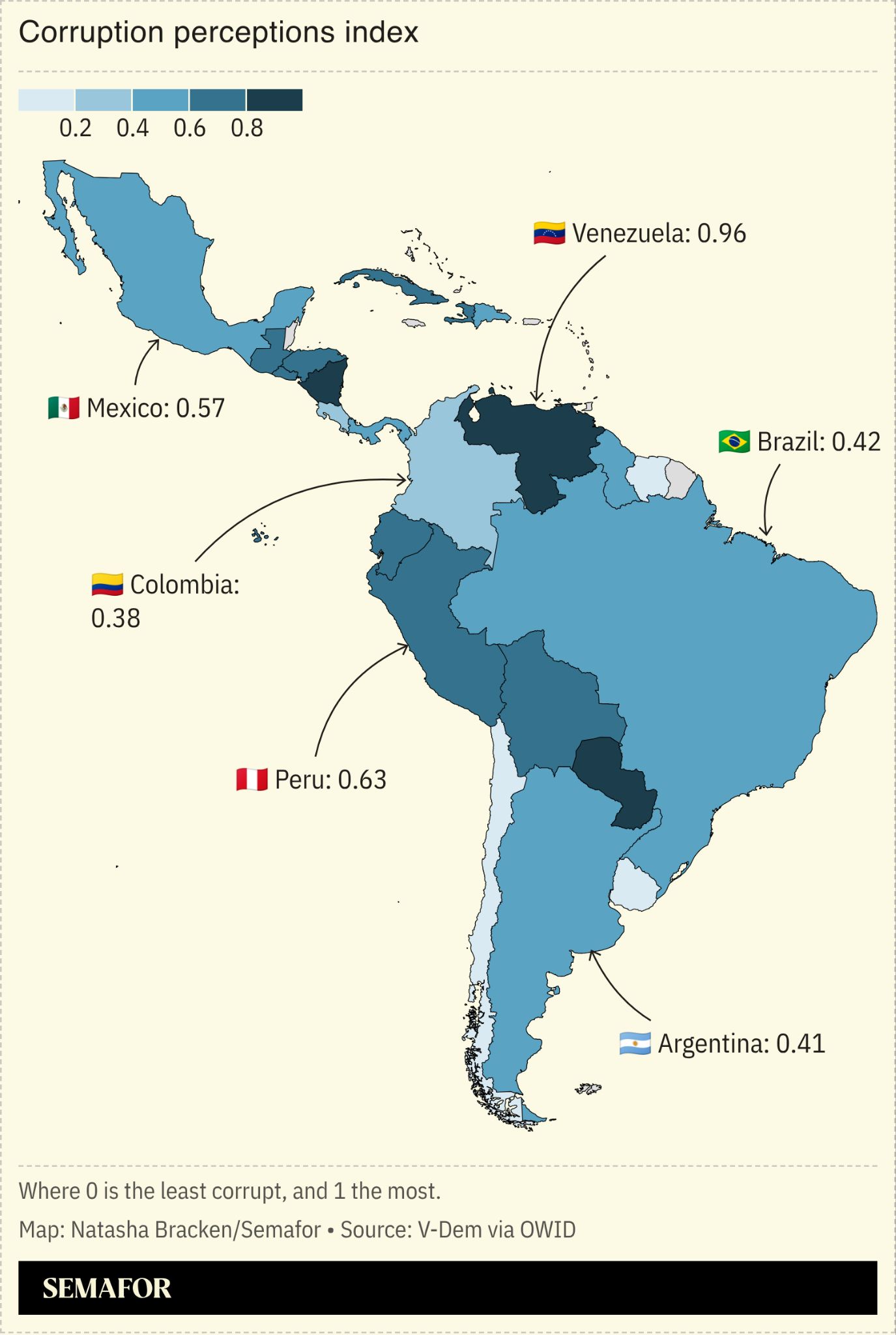  A map showing corruption perceptions in Latin America.