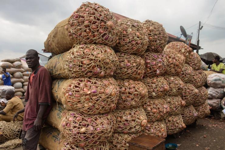 Bags of onions at a market in Lagos.