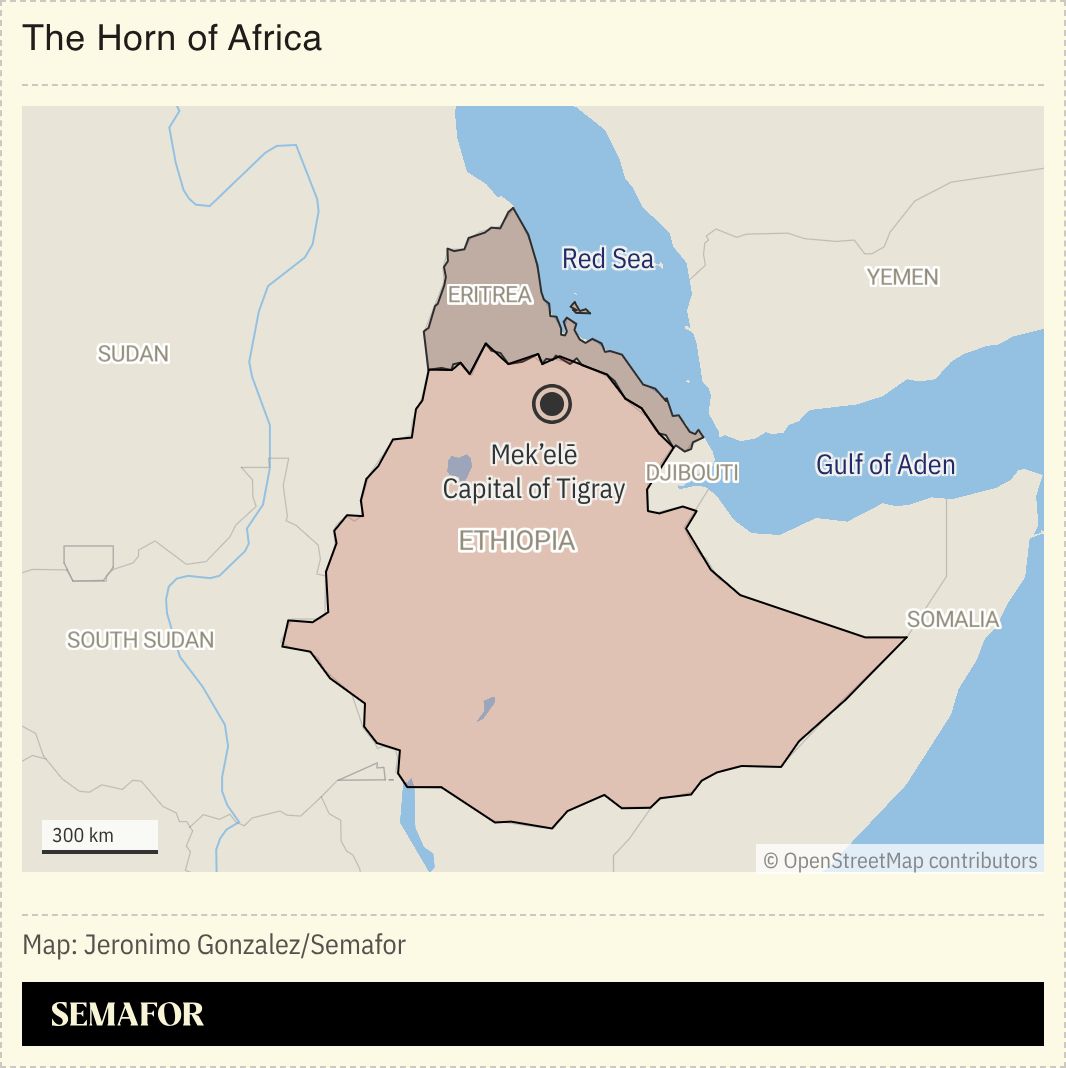 A map showing Eritrea, Ethiopia, and the capital of the Tigray region. 